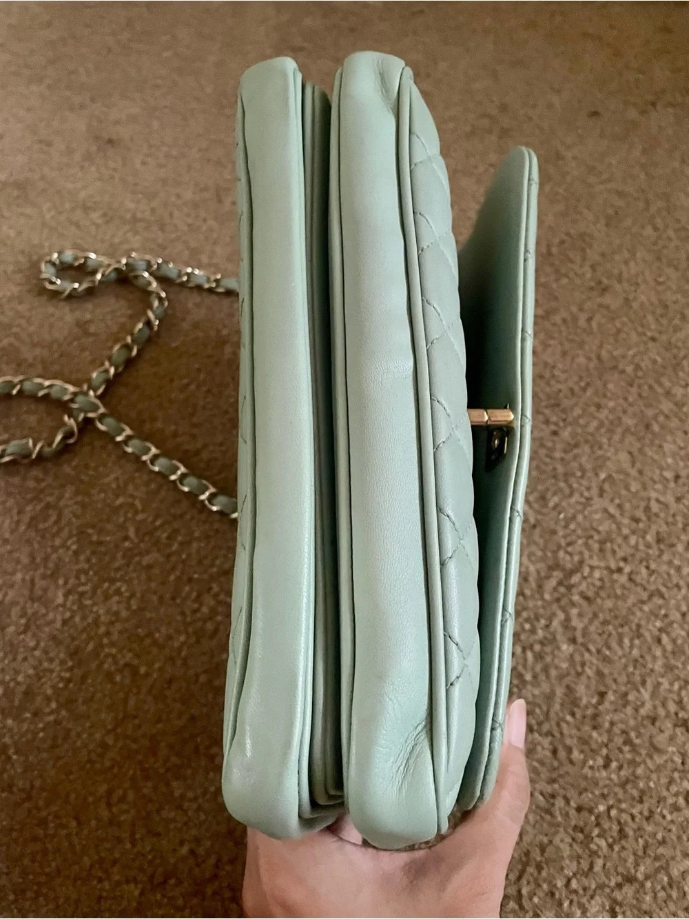 CHANEL Mint Green Quilted Top Handle bag with Gold Hardware